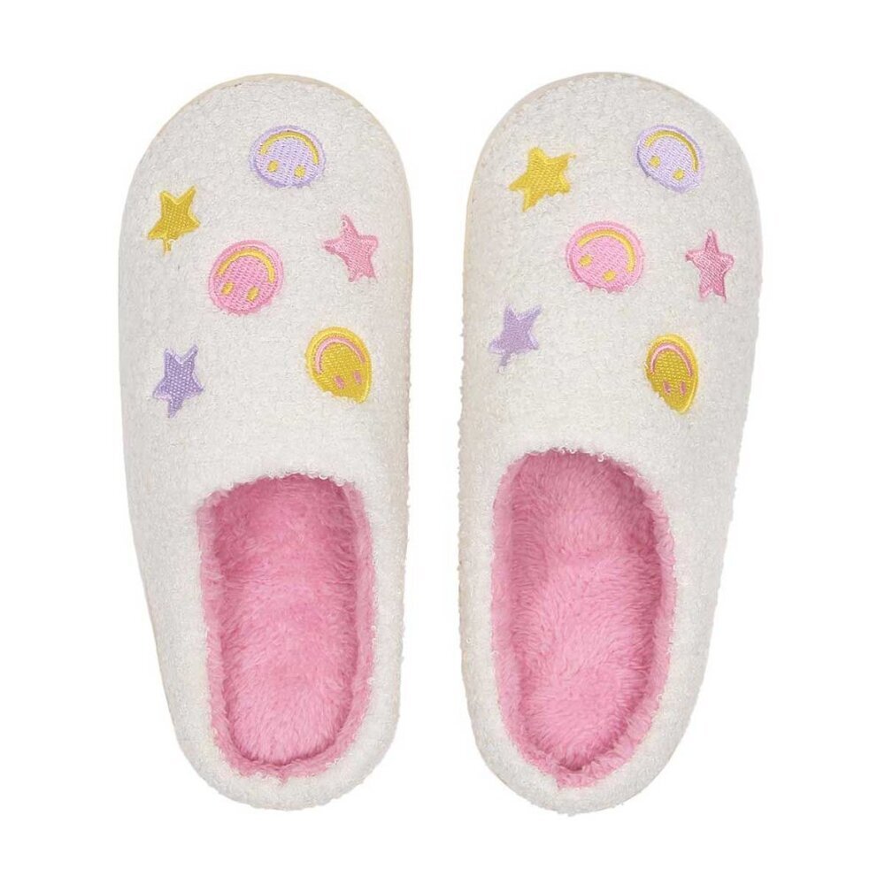 Girls Star Smiley Face Slippers Pink Plush Faux Fur Cozy House Shoes 5-6